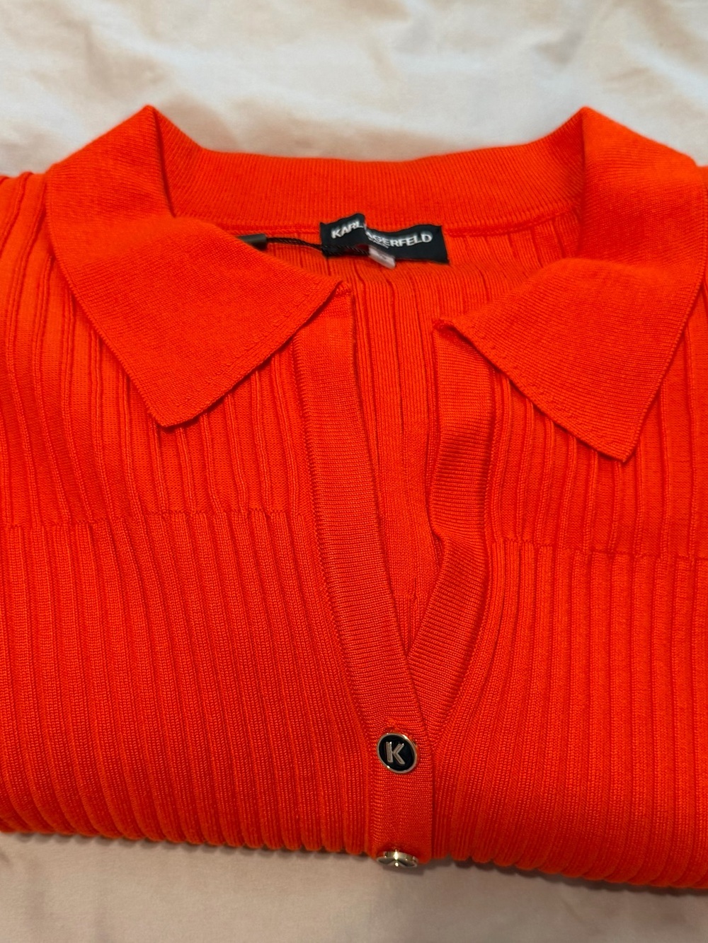 Karl Lagerfeld Orange Ribbed Polo-Style Long Sleeve Top - Picture 6 of 7